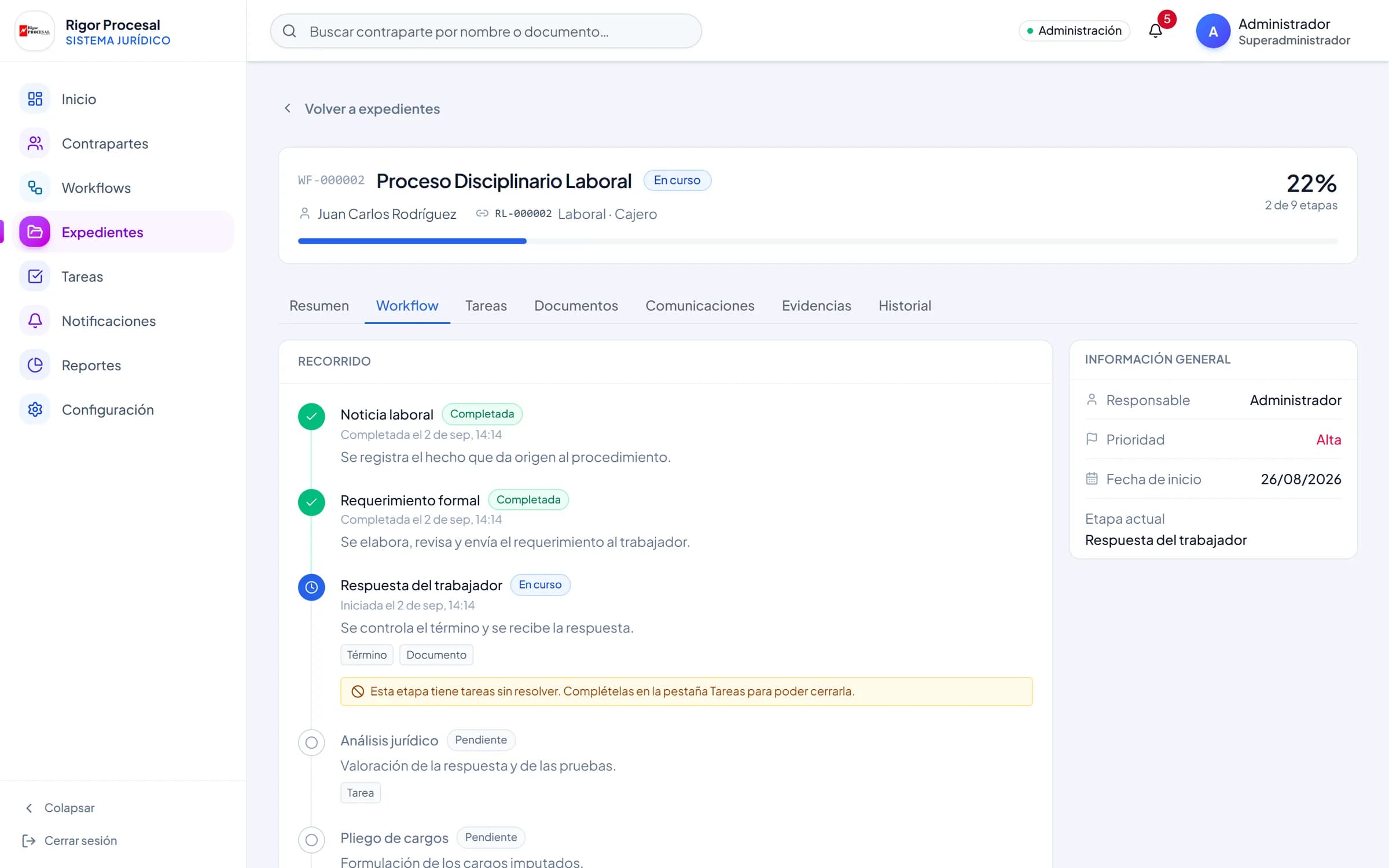 Expediente de un proceso disciplinario: etapas completadas, etapa en curso y pendientes