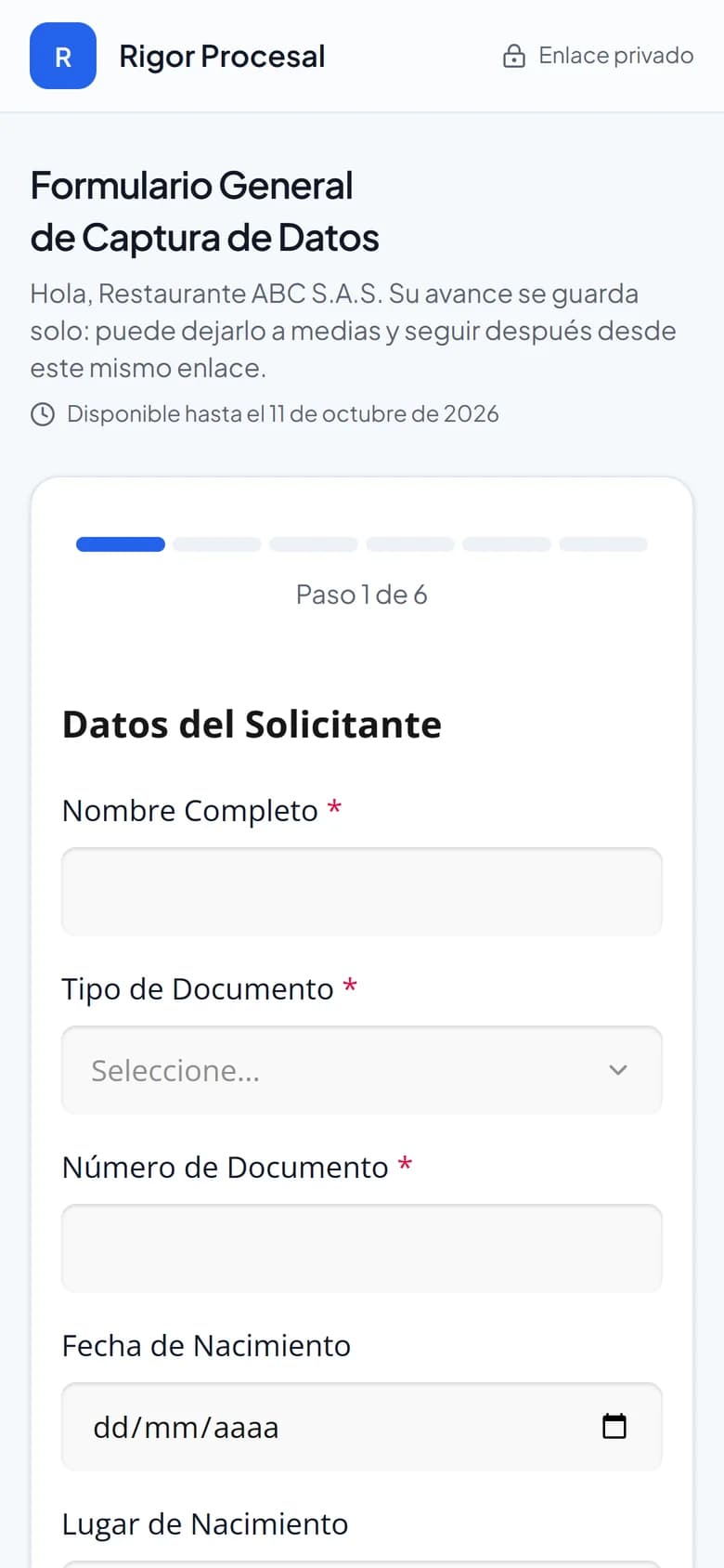 Formulario que el cliente llena desde el celular, con su avance por pasos
