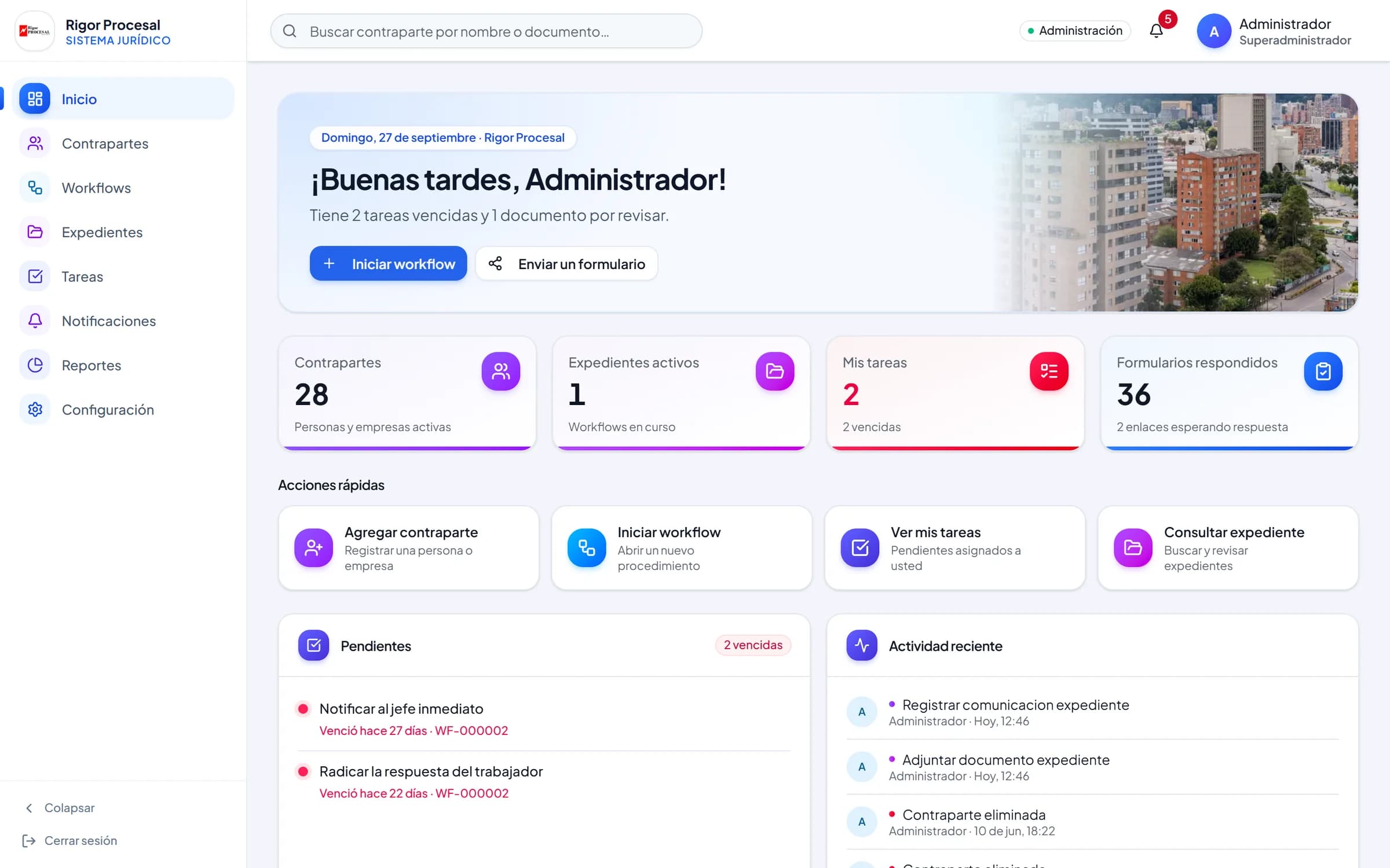 Panel de inicio de Rigor Procesal: pendientes, actividad reciente y accesos rápidos